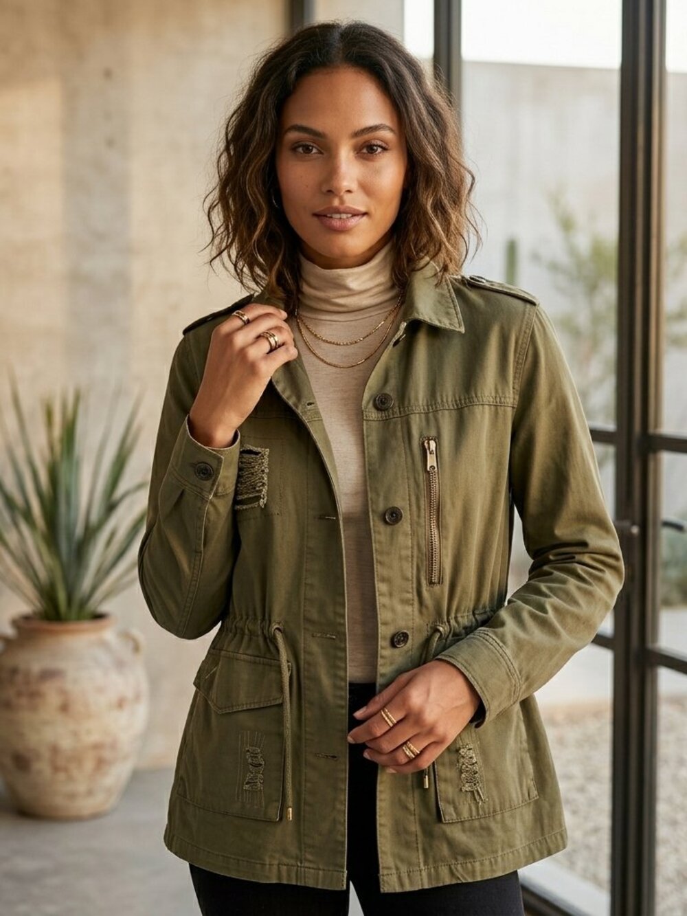 Love Tree Distressed Utility Jacket Olive Green Cargo Coat Size M